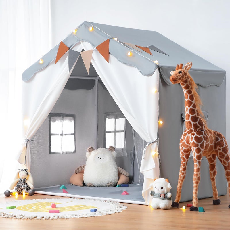 besrey Kids Tent Kids Play Tent 2 in 1 with Padded Mat and Lights Large Playhouse with 2 Doors 4 Windows Indoor Outdoor Halloween Toddler Playhouse 51 x35 x 51 Gray - Image 2