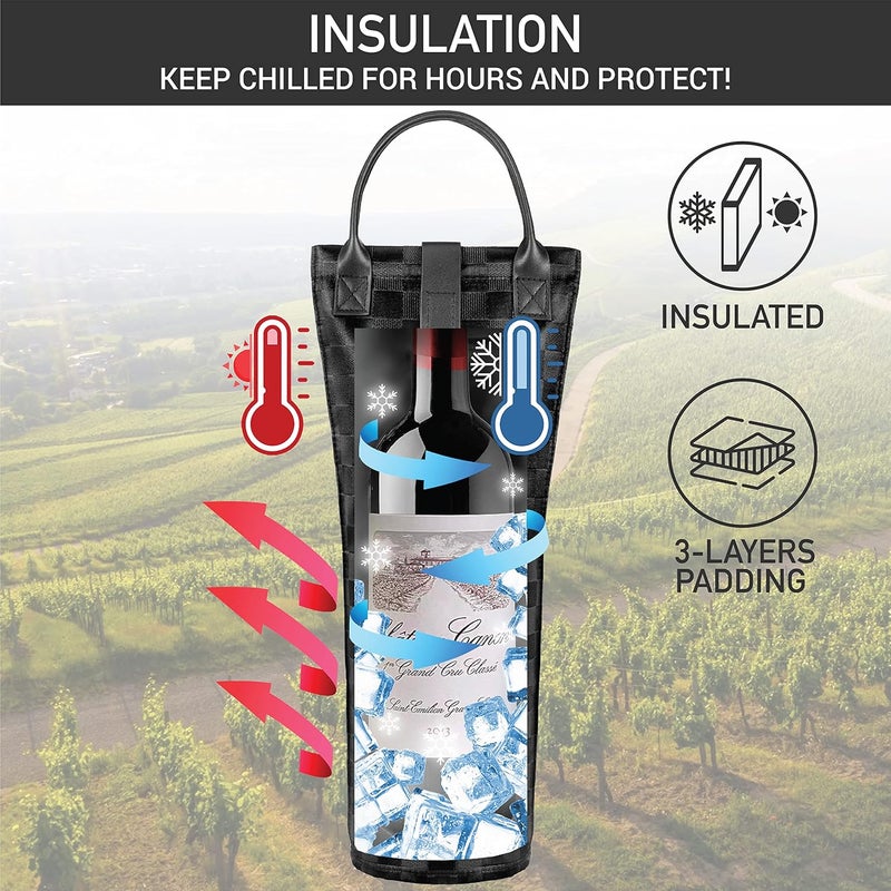 OPUX Single Bottle Wine Tote Bag - Insulated Padded Thermal Wine Carrier Bag for One Bottle | Portable Protective Wine Cooler for Travel Picnic Beach BYOB Wine Gifts - Black Square - Image 2