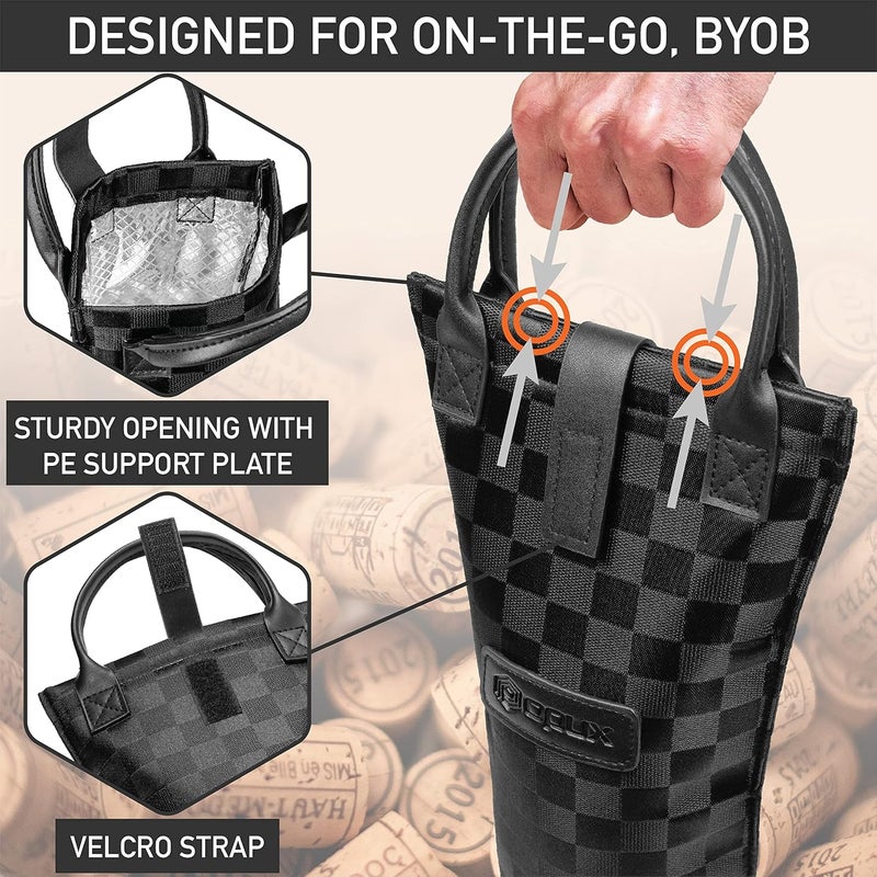 OPUX Single Bottle Wine Tote Bag - Insulated Padded Thermal Wine Carrier Bag for One Bottle | Portable Protective Wine Cooler for Travel Picnic Beach BYOB Wine Gifts - Black Square - Image 4