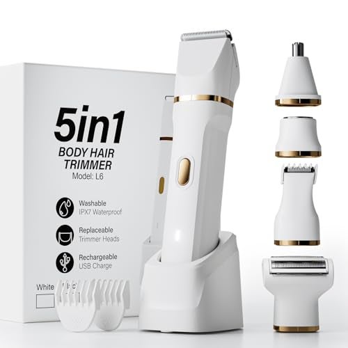 OKYUK Electric Razors for Women, 5-in-1 Wet/Dry Bikini Trimmer with USB Charge Dock, Deluxe Facial Hair Removal, Wet/Dry Body Shaver for Nose Eyebrows Beard Underarm Leg Arm, IPX7 Waterproof (White) - Image 1