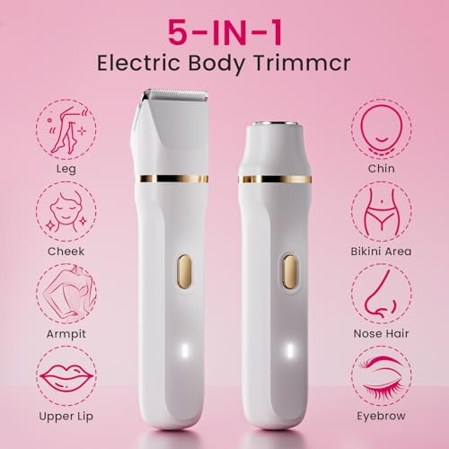 OKYUK Electric Razors for Women, 5-in-1 Wet/Dry Bikini Trimmer with USB Charge Dock, Deluxe Facial Hair Removal, Wet/Dry Body Shaver for Nose Eyebrows Beard Underarm Leg Arm, IPX7 Waterproof (White) - Image 2