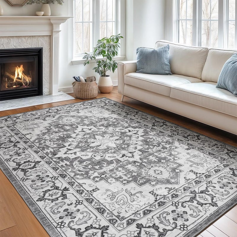 Lofus 5x7 Area Rugs for Living Room, Washable Area Rug, Rugs for Bedroom, Kitchen, Vintage Boho Carpet, Soft Non-Slip, Low Pile Large Area Rug for Office Dining Room, Floral Grey - Image 1