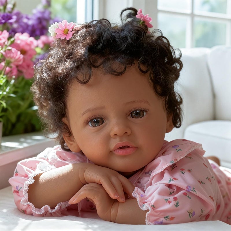 SCOM Black Reborn Baby Doll 18 Inch Realistic African American Girl Looking Real Lifelike Baby with Soft Cloth Newborn Weighted Brown Hispanic Doll with Full Vinyl Body for 3 4 5 6 Year Old Gift - Image 3