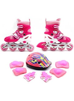 EASY FUTURE Inline Skates Adjustable Size Roller Skates with Flashing Wheels for Outdoor Indoor Children Skate Shoes Including Full Protective Gear Set Pink Colour  - Image 1