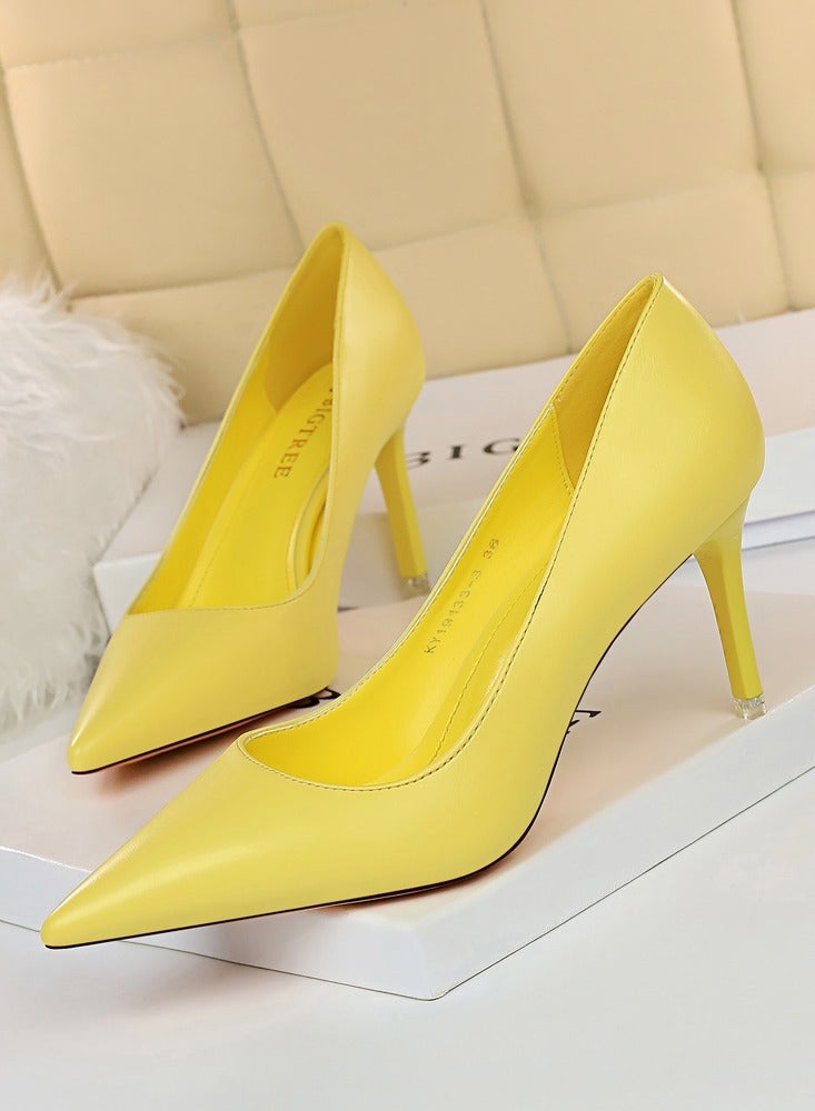 BIGTREE Women's Solid Color Elegant Stiletto Pumps 7.5CM Fashion Gorgeous Closed Pointed Toe Slip On Solid High Heels Yellow - Image 1