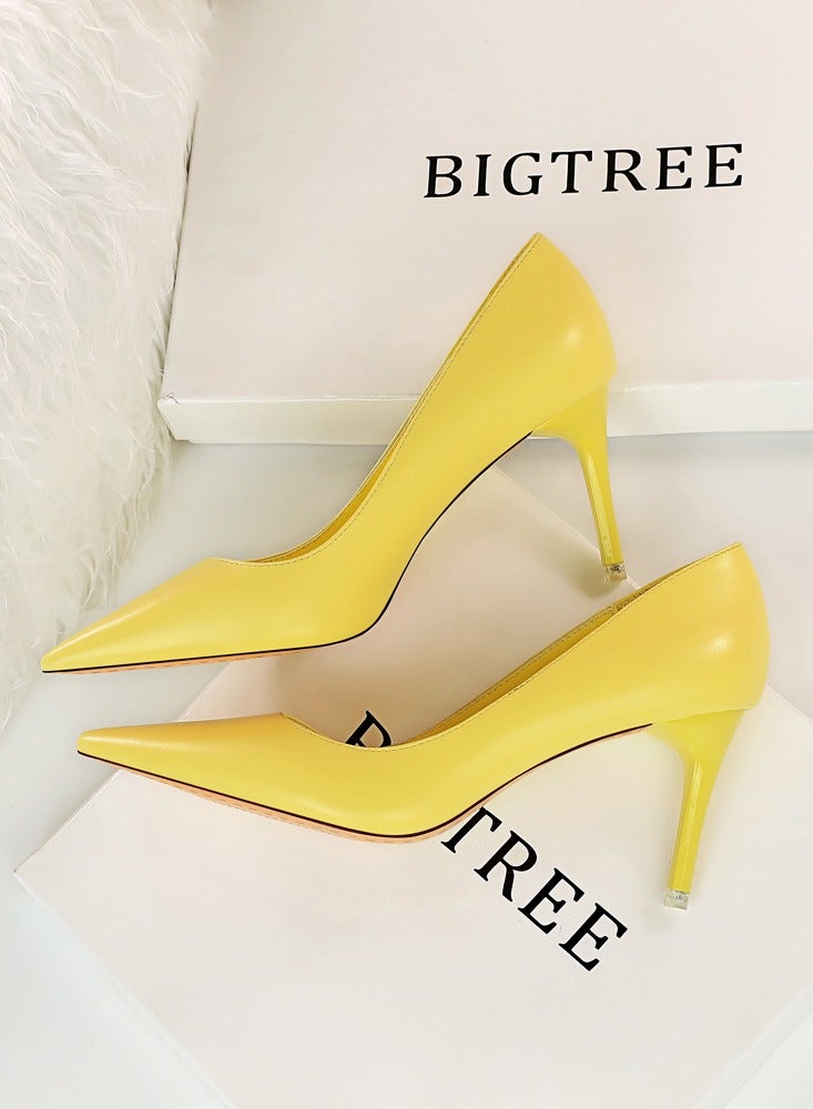 BIGTREE Women's Solid Color Elegant Stiletto Pumps 7.5CM Fashion Gorgeous Closed Pointed Toe Slip On Solid High Heels Yellow - Image 3