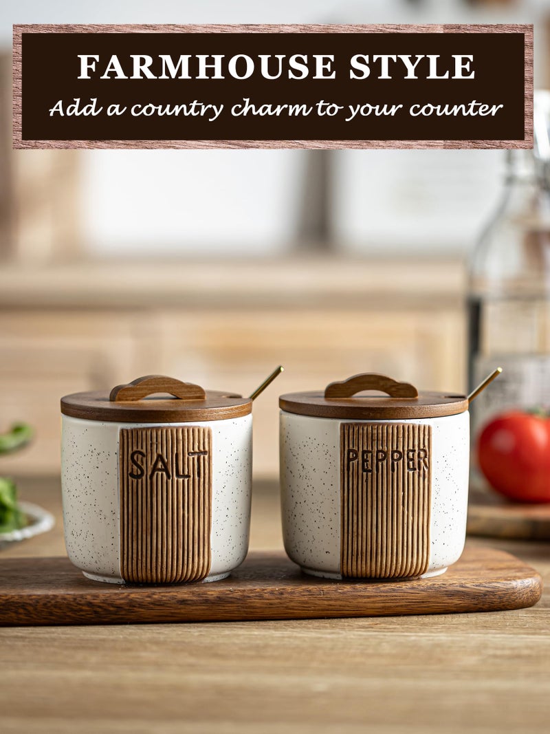 YHOJOY Salt and Pepper Bowl Ceramic, 10 Oz Salt and Pepper Cellar with Lid and Spoon, Farmhouse Salt Containers for Countertop, White - Image 3