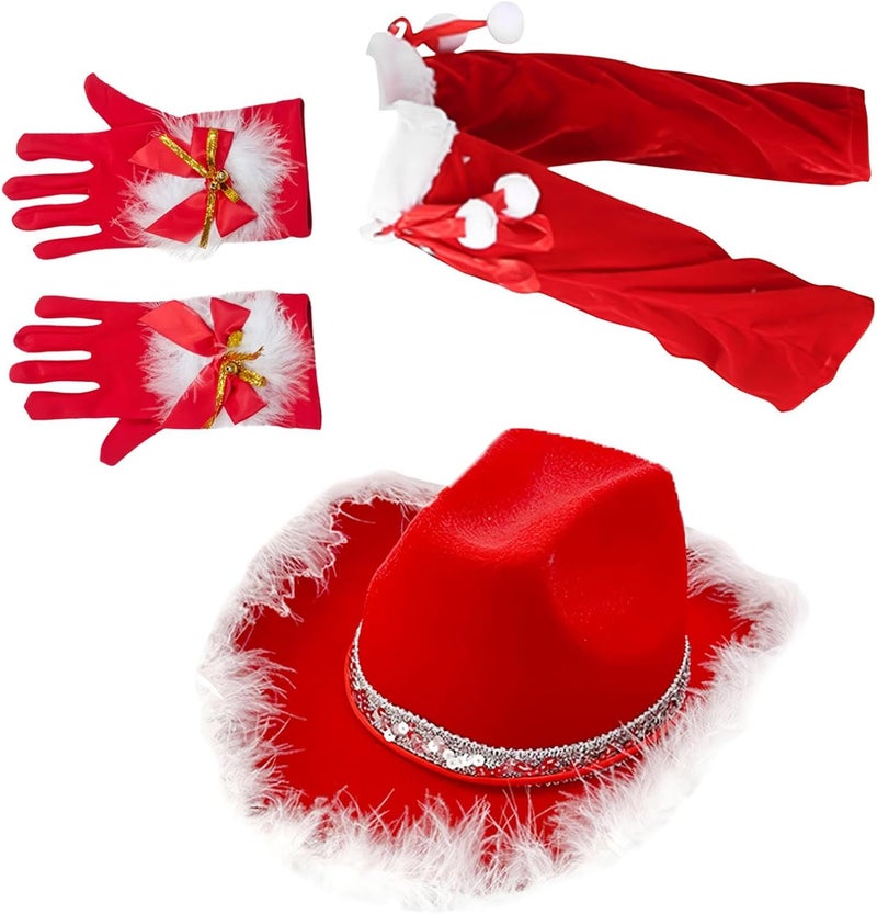 windforgecraft Santa Costume,Cowgirl Hat Christmas Outfits - Fancy Dress up Set, 3x Red Santa Claus Cosplay Costume for Birthday Christmas - Image 1