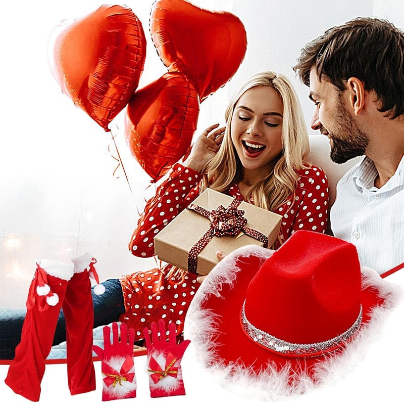 windforgecraft Santa Costume,Cowgirl Hat Christmas Outfits - Fancy Dress up Set, 3x Red Santa Claus Cosplay Costume for Birthday Christmas - Image 3