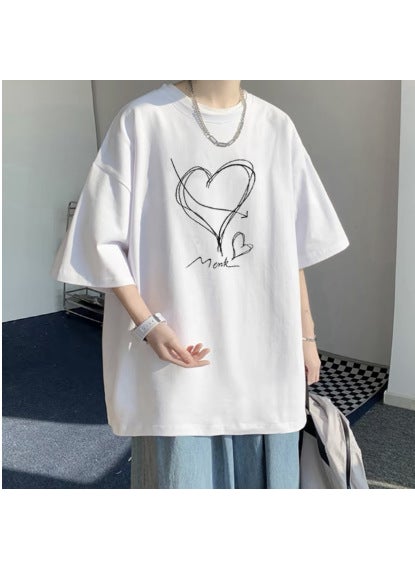 Generic - New Loose-fit Cotton T-shirt Short Sleeves For Men Trendy Brand Hong Kong Style Half Sleeve Fat Person Tops White (T141) Love - Image 1