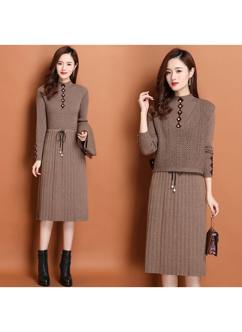 Generic Autumn/winter Knitted Sweater Dress 2-piece Set Womens Medium-length Slimming Over-the-knee Suit Thick Knit Base Layer Dress Black (single)  - Image 4