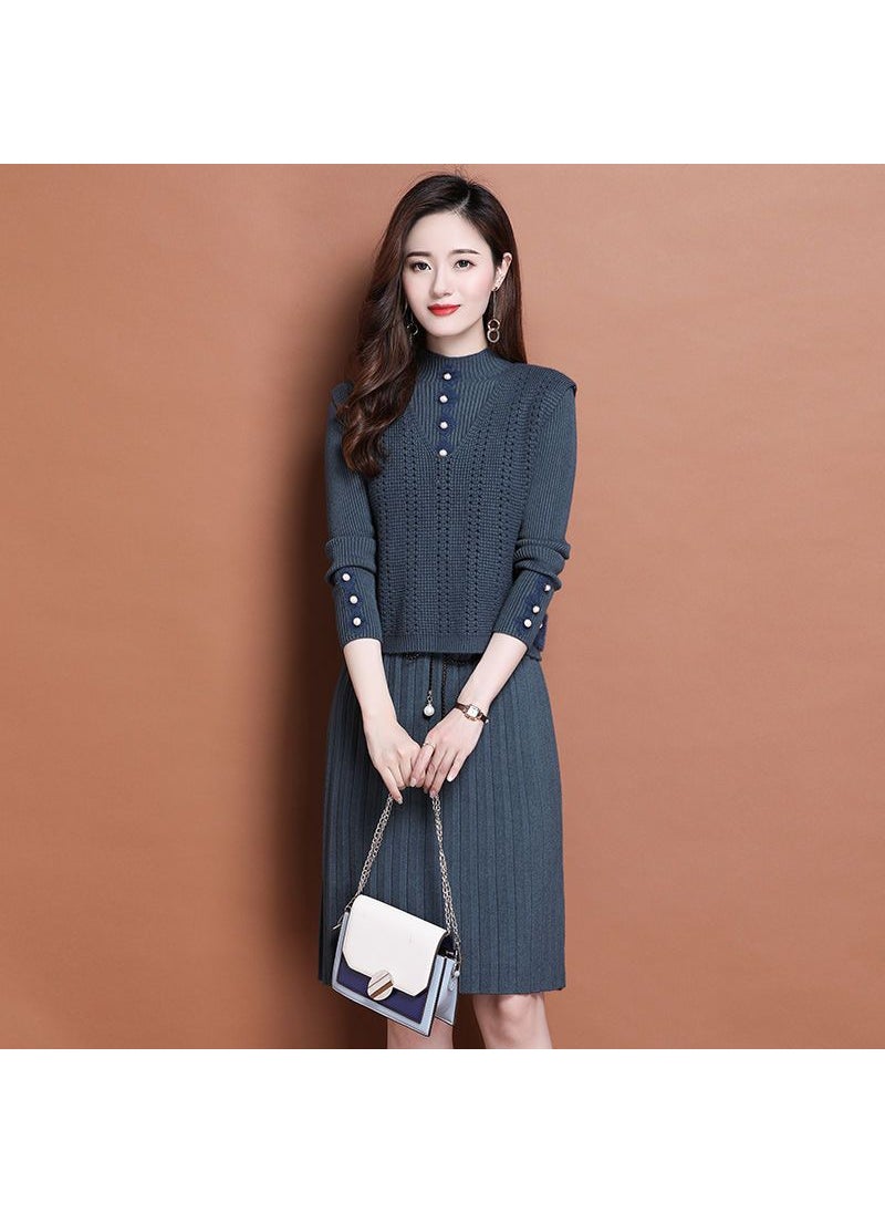 Generic Autumn/winter Knitted Sweater Dress 2-piece Set Womens Medium-length Slimming Over-the-knee Suit Thick Knit Base Layer Dress Black (single)  - Image 2