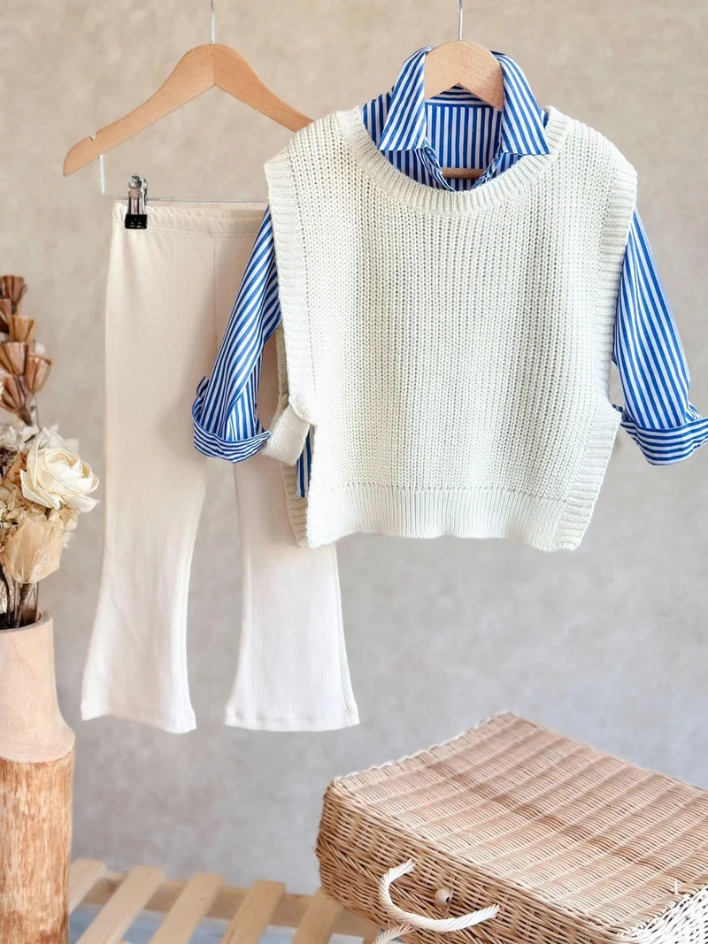 مينيمن جيجيليري My Little One's Cicileri My Little One's Cicileri Sweater Detailed Shirted 3-Piece Girls' Knitwear Set - Cream