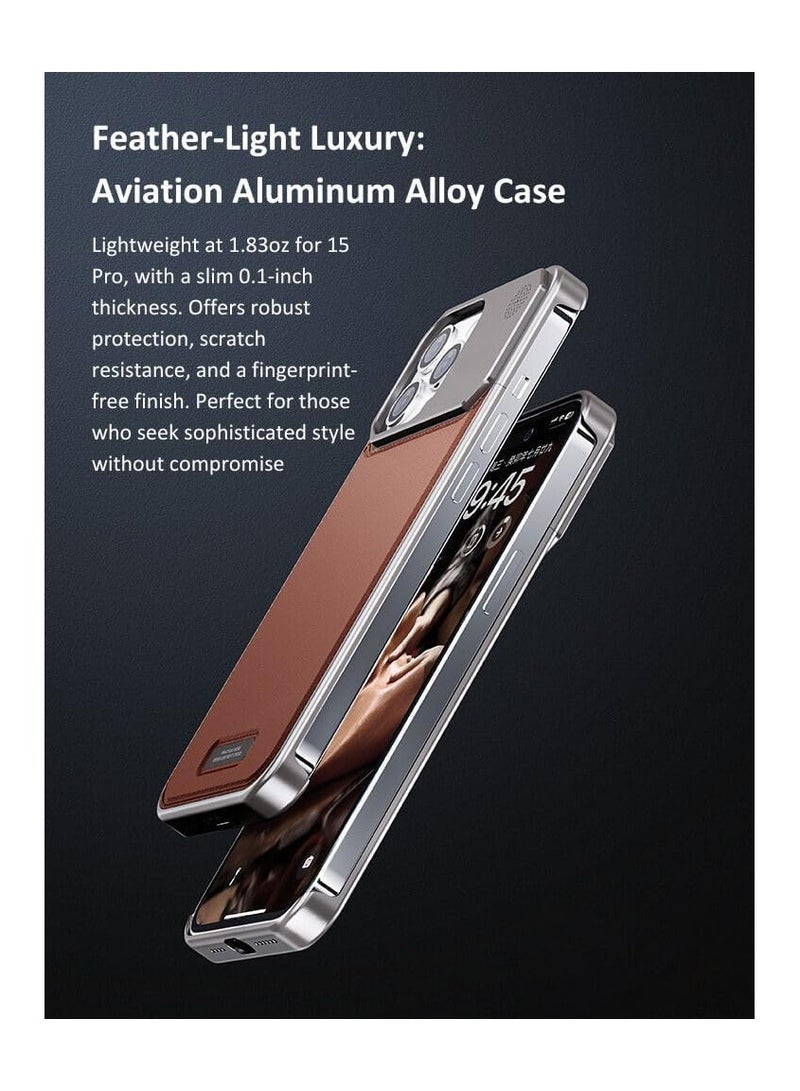 Aviation Aluminum Alloy Leather Case for iPhone 15 Pro , Slim Fit Metal Case, Lightweight Top-Grain Leather Phone Case, Magsafe Compatible  - Image 2