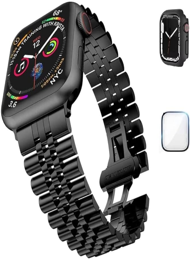 حزام معدني من الفولاذ المقاوم للصدأ من Dado متوافق مع Apple Watch Series 7/SE/6/5/4/3/2/1 مع واقي شاشة إضافي | واقي حافظة، 45 مم/44 مم/42 مم