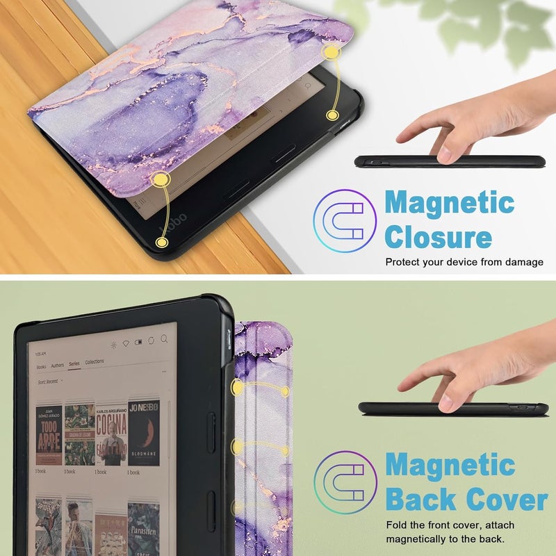غلاف لجهاز Kobo Libra Colour (الطراز N428، إصدار 2024)، غلاف خارجي من الجلد الصناعي فائق الخفة مع خاصية التشغيل/الإيقاف التلقائي، رخامي أرجواني - Image 5