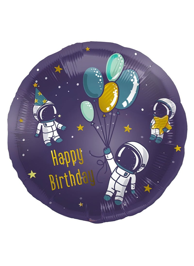 Folat Astronaut Space Happy Birthday Foil Balloon Round Purple Gold 45cm - Image 1