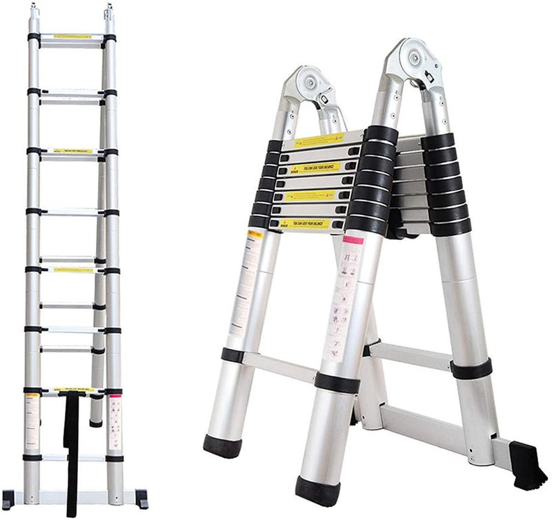 Inditradition A-Type Aluminium Telescopic Ladder | 2 in 1 Single & Double Side Convertible | EN131 Certified (8.25 x 8.25 Feet | 8+8 Steps) - Image 1