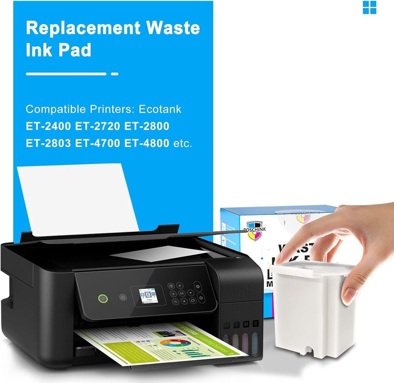 Poschink استبدال وسادة الحبر المستهلك لطابعات EPSON Ecotank ET-2800 وET-2803 وET-2720 وET-2400 وET-2711 وET-4700 وL3110 وL3210 وL3150 وL3250 إلخ، صندوق صيانة مع إسفنجة امتصاص إضافية. - Image 3