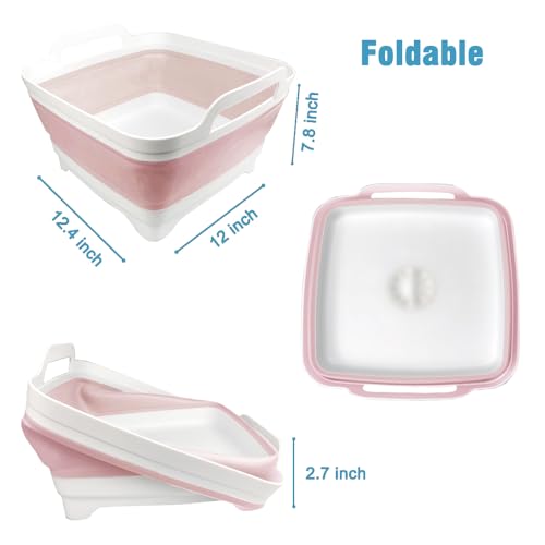 ddLUCK Dish Basin Collapsible with Drain Plug Carry Handles for 9L Large Capacity, Washing Basin, Collapsible Dish Tub for RV Sink, Vegetable, Fruit, Food Sink Strainer Dish Washing Tub - Pink - Image 2