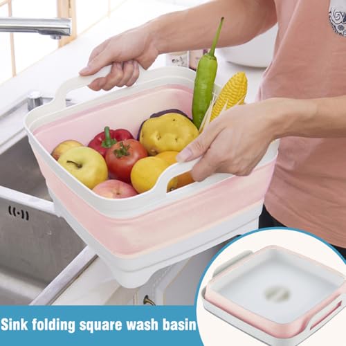 ddLUCK Dish Basin Collapsible with Drain Plug Carry Handles for 9L Large Capacity, Washing Basin, Collapsible Dish Tub for RV Sink, Vegetable, Fruit, Food Sink Strainer Dish Washing Tub - Pink - Image 3