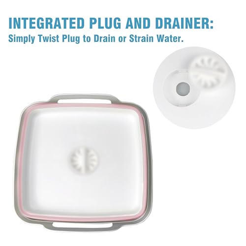 ddLUCK Dish Basin Collapsible with Drain Plug Carry Handles for 9L Large Capacity, Washing Basin, Collapsible Dish Tub for RV Sink, Vegetable, Fruit, Food Sink Strainer Dish Washing Tub - Pink - Image 4