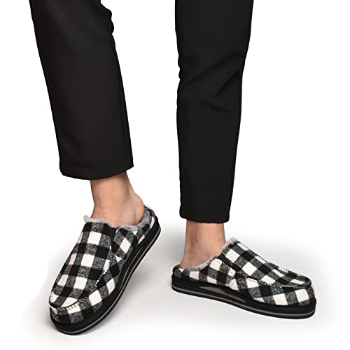 ONCAI Mens Slippers, Warm Cozy Faux Fur Clogs with Arch Support Cotton-Blend High-Density Memory Foam Plantar Fasciitis House Slippers Indoor Outdoor Rubber hard Sole Plaid Black/White Size 13 - Image 2