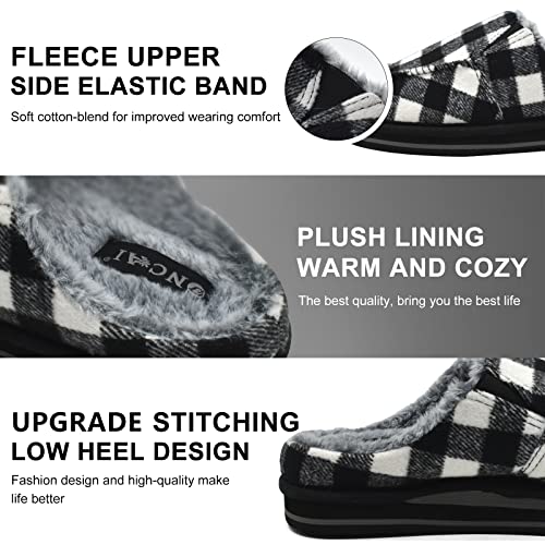 ONCAI Mens Slippers, Warm Cozy Faux Fur Clogs with Arch Support Cotton-Blend High-Density Memory Foam Plantar Fasciitis House Slippers Indoor Outdoor Rubber hard Sole Plaid Black/White Size 13 - Image 3
