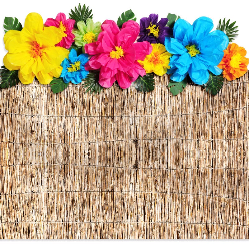 Canlierr 22 Pcs Hawaiian Beach Backdrop with Hawaii Paper Flowers Decorations Set 71 x 43 Inch Hawaiian Backdrop 3D Hibiscus Paper Flower Palm Leaves for Aloha Luau Party Decorations Reed Style