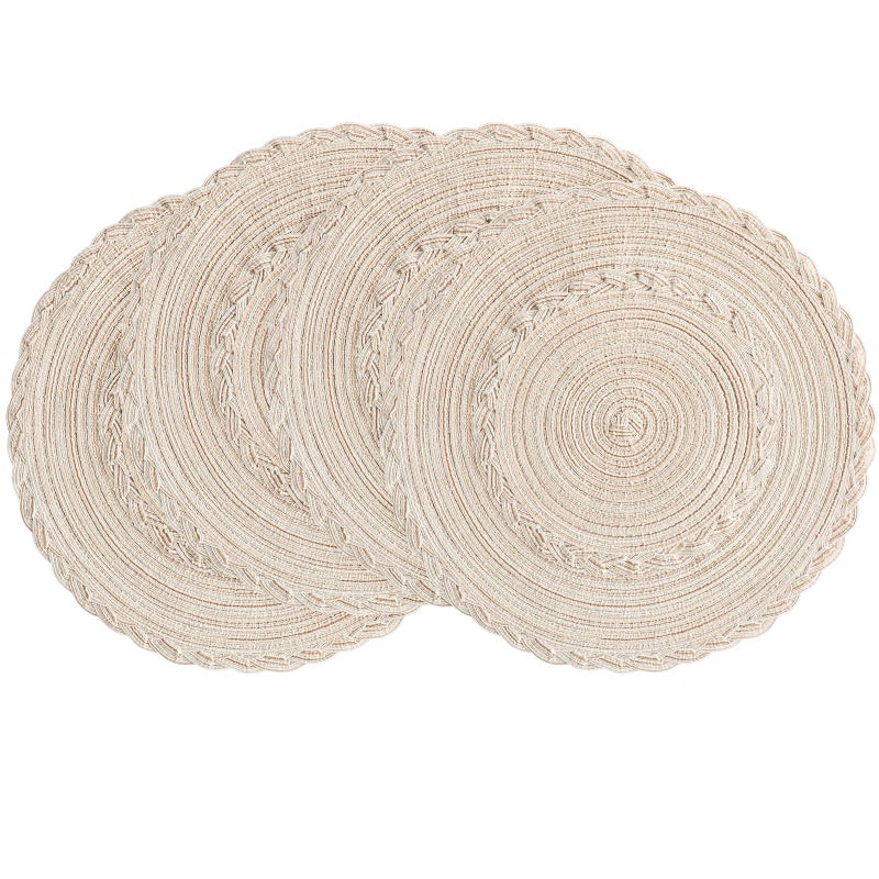 Floroom 15 Inch Round Braided Placemats Set of 4, Washable Heat Resistant Cotton Polyester Circle Boho Place Mats for Kitchen Dining Table - Canvas Beige Bordered - Image 1