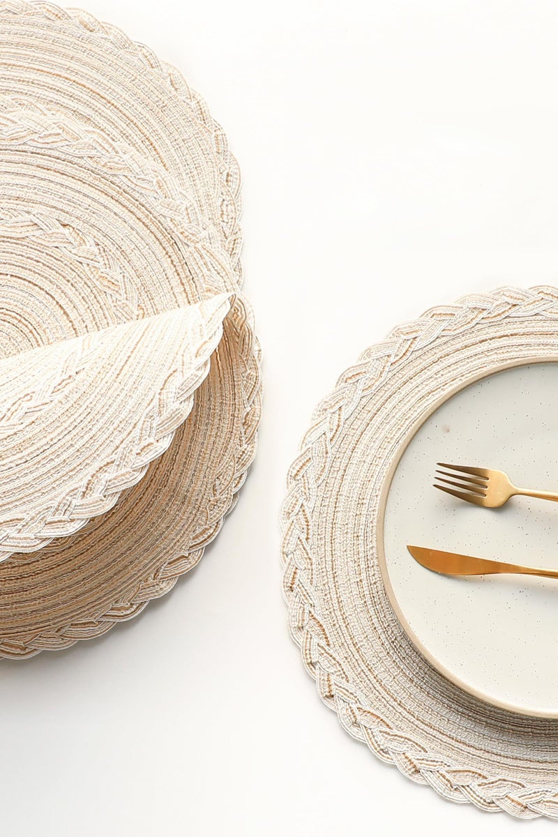 Floroom 15 Inch Round Braided Placemats Set of 4, Washable Heat Resistant Cotton Polyester Circle Boho Place Mats for Kitchen Dining Table - Canvas Beige Bordered - Image 2