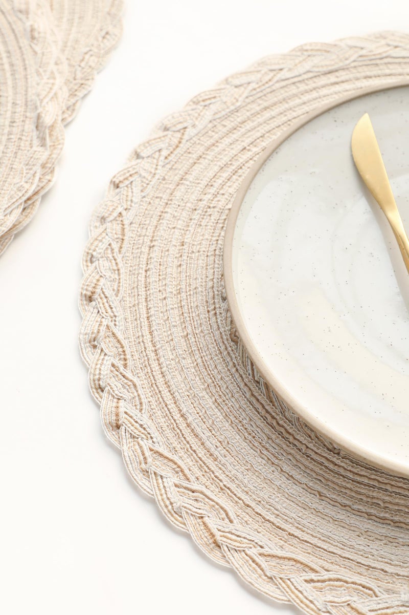 Floroom 15 Inch Round Braided Placemats Set of 4, Washable Heat Resistant Cotton Polyester Circle Boho Place Mats for Kitchen Dining Table - Canvas Beige Bordered - Image 5