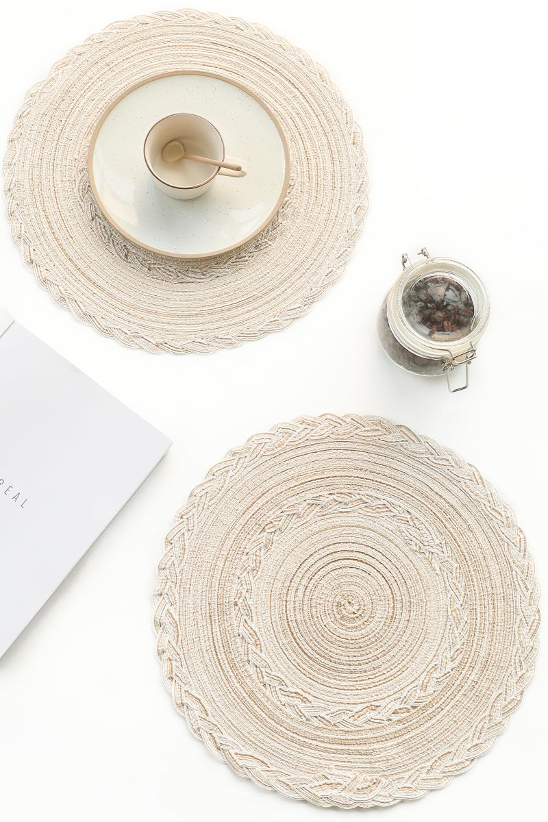 Floroom 15 Inch Round Braided Placemats Set of 4, Washable Heat Resistant Cotton Polyester Circle Boho Place Mats for Kitchen Dining Table - Canvas Beige Bordered - Image 4