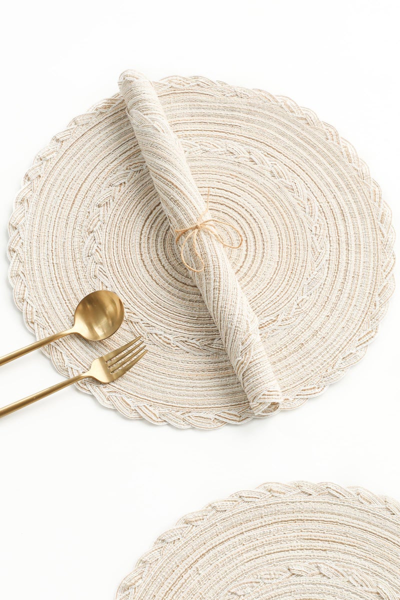 Floroom 15 Inch Round Braided Placemats Set of 4, Washable Heat Resistant Cotton Polyester Circle Boho Place Mats for Kitchen Dining Table - Canvas Beige Bordered - Image 3