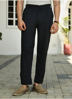Campus Sutra Men's Midnight Black Linen-Blend Tapered Trousers  - Image 2