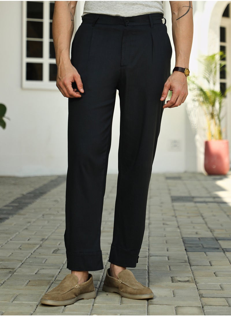 Campus Sutra Men's Midnight Black Linen-Blend Tapered Trousers  - Image 2