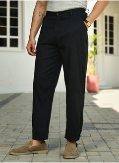 Campus Sutra Men's Midnight Black Linen-Blend Tapered Trousers  - Image 3