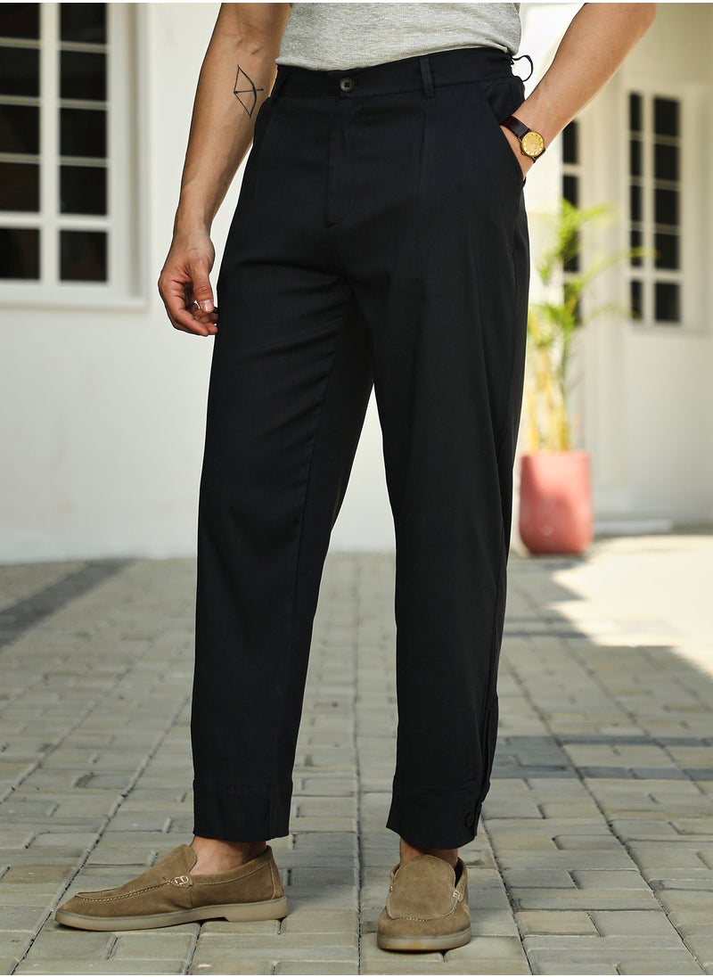 Campus Sutra Men's Midnight Black Linen-Blend Tapered Trousers  - Image 3