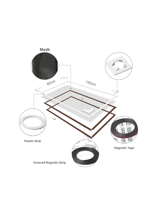 The Bros Adjustable DIY Magnetic Window Screen, 150x80cm Fiberglass Fine Mesh Screen Protector, White Frames Grey Fiberglass Screen Window Net, Magnetic Window Screen Mesh Frame Replacement Kit - Image 5