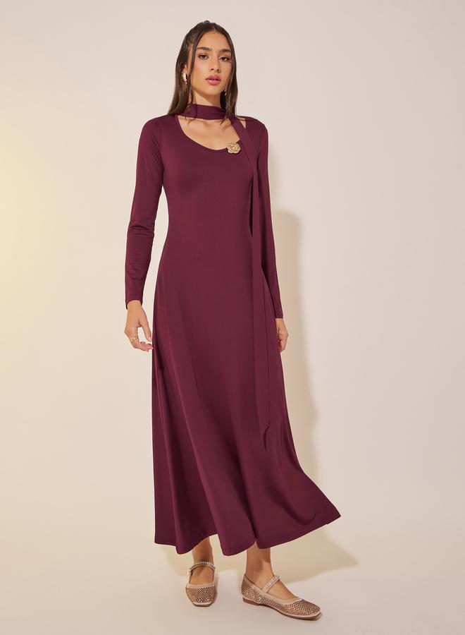 Take Two Solid Tie-Up Neck A-Line Maxi Dress - Image 1