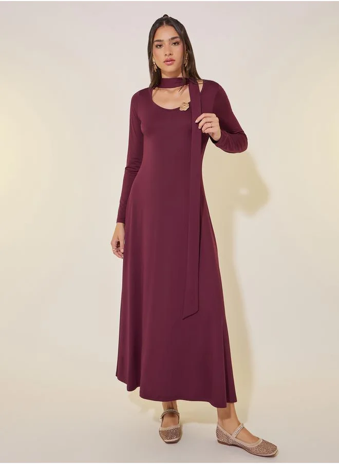 تايك تو Solid Tie-Up Neck A-Line Maxi Dress