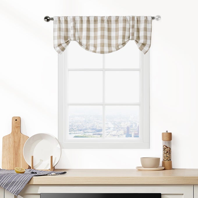 BEIGE BUFFALO PLAID TIE UP VALANCES TAN BUFFALO CHECKERD FARMHOUSE RETRO ROD POCKET ADJUSTABLE TIEUP SHADE VALANCE FOR CAFE WINDOWS CURTAINS 50 X 20 LINEN