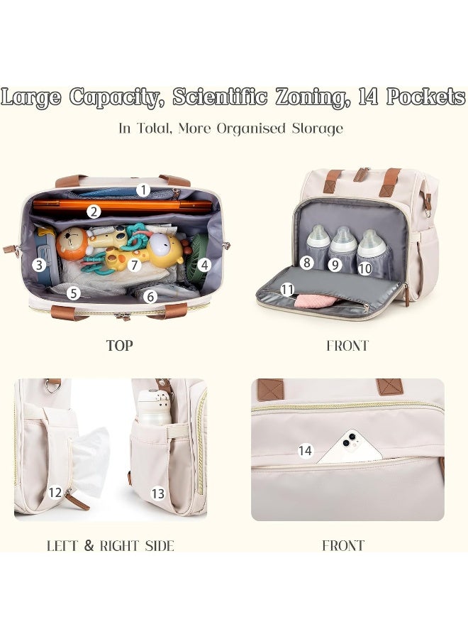 Pripher 4 in 1 Diaper Bag Backpack, Diaper Bag Backpack for Baby, Travel Diaper Bag Converts into Backpack with Shoulder Straps, Mom Bag for Hospital with 14 Pockets-3 Insulated Pockets WhiteBeige - Image 4