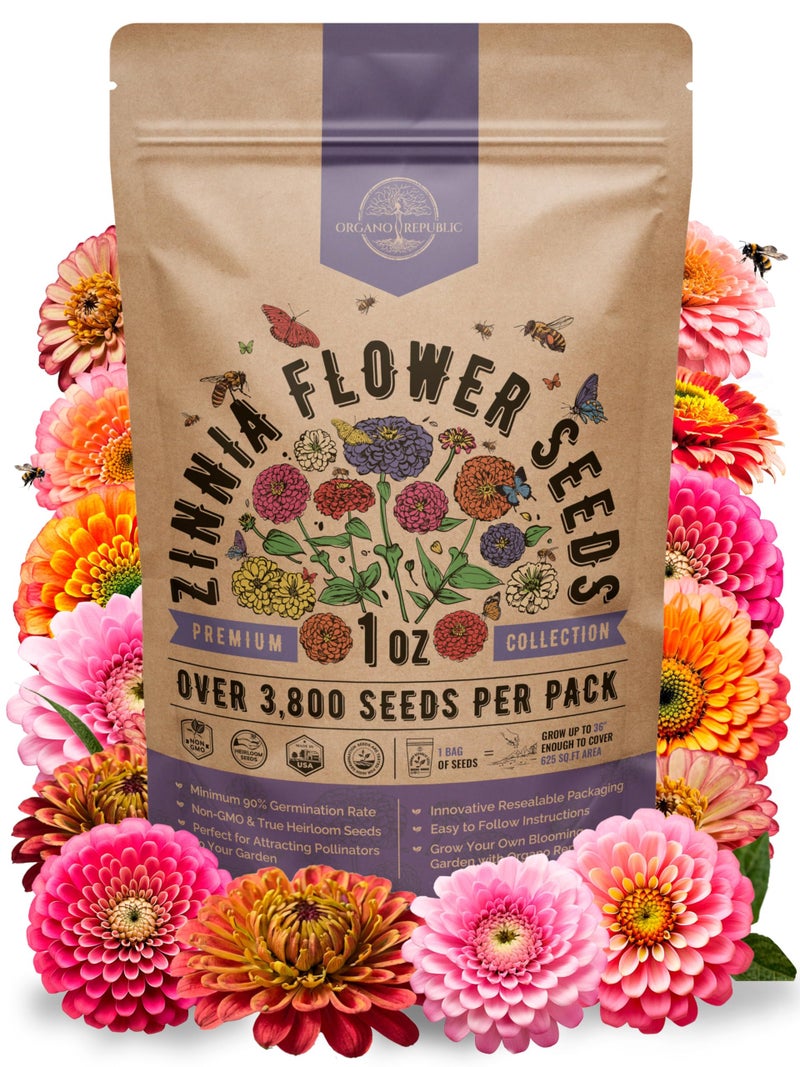 Organo Republic Zinnia Seeds Pack 1 oz - Over 3,800 Non-GMO Heirloom Zinnia Seeds for Planting, Annual Flowers in Individual Seed Packet, Flower Seed for Planting Home Garden Indoor & Outdoor Gardening - Image 1