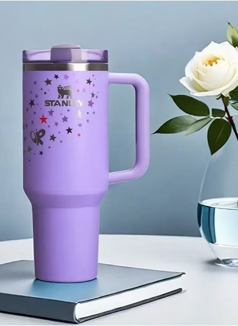 Stanley - Vacuum Insulated Stainless Steel Tumbler with Lid and Straw for Water, Iced Tea or Coffee, Smoothies and More, 40 oz Stainless Steel, Purple with Star - Image 1