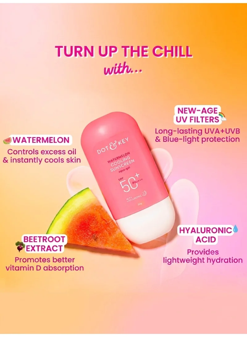 Dot & Key Watermelon Sunscreen 80gm Dot & Key Watermelon Hyaluronic Cooling Sunscreen SPF 50 PA+++| for Oily, Normal & Combination Skin | UV + Blue Light Protection | Lightweight | No White Cast | Boosts Vitamin D Absorption | 80g  | Best Price UAE