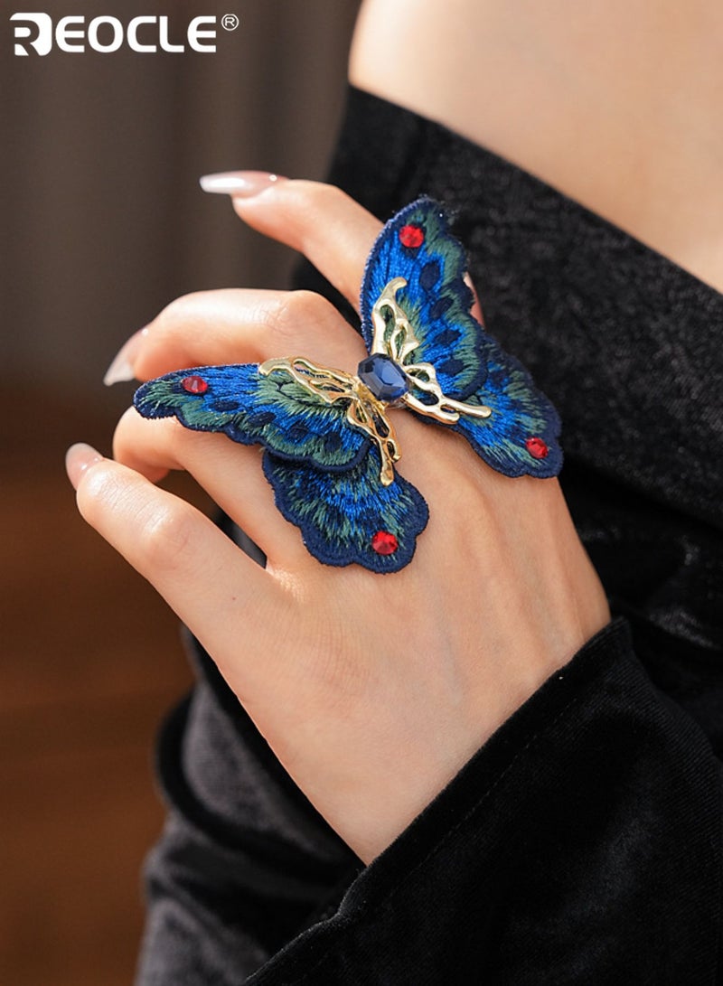 REOCLE Women's Oversized Butterfly Statement Ring Embroidered Fabric and Metal Cocktail Ring Dramatic Open Cuff Ring for Special Occasions - Image 3