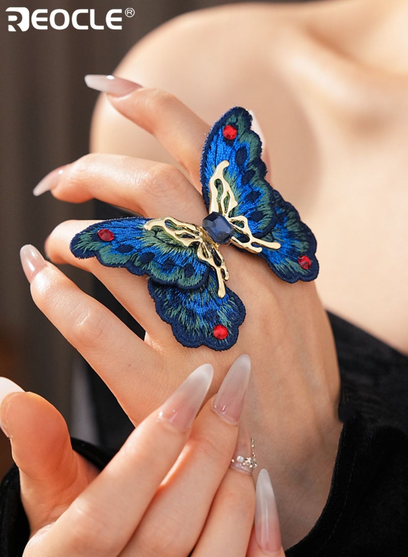 REOCLE Women's Oversized Butterfly Statement Ring Embroidered Fabric and Metal Cocktail Ring Dramatic Open Cuff Ring for Special Occasions - Image 4