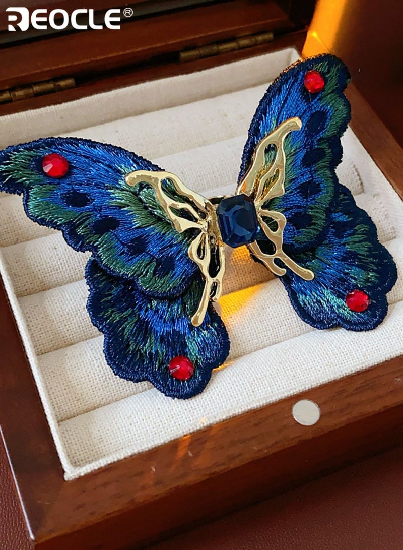 REOCLE Women's Oversized Butterfly Statement Ring Embroidered Fabric and Metal Cocktail Ring Dramatic Open Cuff Ring for Special Occasions - Image 2