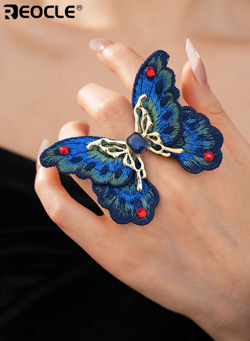 REOCLE Women's Oversized Butterfly Statement Ring Embroidered Fabric and Metal Cocktail Ring Dramatic Open Cuff Ring for Special Occasions - Image 5